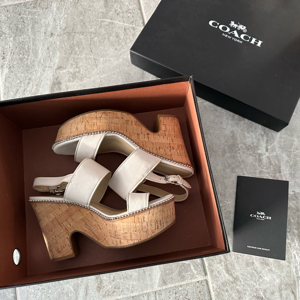 Coach Quartz Leather Platform Wedge Sandals Tan Sz 6.5